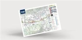 Eine detaillierte Karte mit Straßen, Wegen und markierten Punkten. Die Karte zeigt die Umgebung und wichtige Informationen für Reisende.