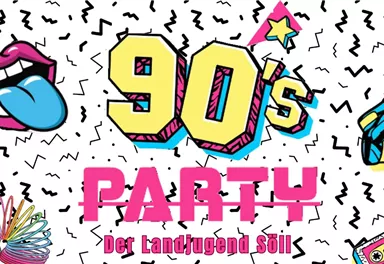 Buntes 90er-Jahre-Partydesign mit Lippen und bunten Mustern. Die Veranstaltung findet am 11. Mai 2024 statt.