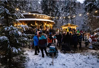 A festive gathering in the snow with many people gathered around beautifully illuminated wooden huts. The winter landscape is surrounded by fir trees.