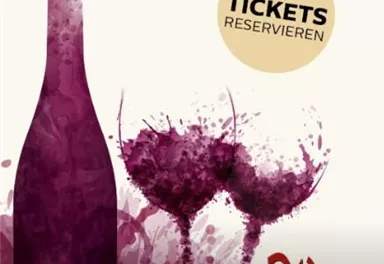 A colorful background with a wine bottle and two wine glasses. The text encourages ticket reservations.