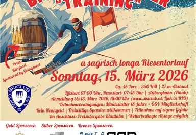 An advertising poster for the Goinger Bierfassl Master Training featuring a skier. The event will take place on Sunday, March 15, 2026.