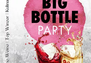 An advertisement for the "Big Bottle Party" on March 28, 2026, in AuAlm, Tyrol. Exquisite wines and culinary delights will be offered.