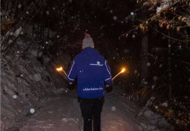A person walks with torches on a snow-covered path at night. Snow is falling, and the surroundings are dark and quiet.