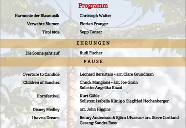 A program booklet for a music event featuring various performances and awards. It includes the names of the artists and pieces being performed.