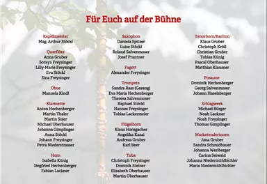 A list of musicians and their respective instruments. The background features a blurred green landscape.