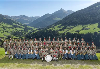 Eine traditionelle Musikkapelle steht in einem malerischen Alpenpanorama. Die Gruppe ist einheitlich gekleidet und umgeben von grünen Bergen und Wiesen.