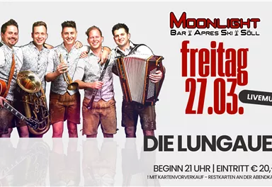 A band is on stage in traditional costumes playing musical instruments. The text announces a live concert on Friday, March 27th, at the Moonlight Bar.