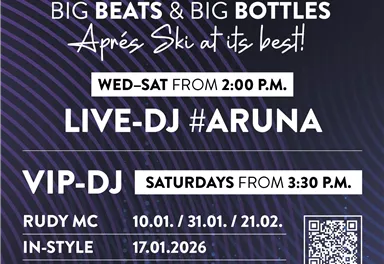 Ein Werbeplakat für B&B Après Ski mit Informationen zu Live-DJs und Veranstaltungen. Die Veranstaltung findet von Mittwoch bis Samstag statt und bietet große Beats und Flaschen.