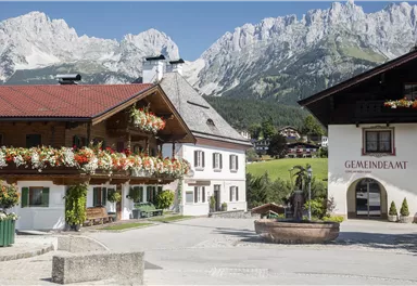 Ein malerisches Dorf mit traditionellen Häusern und bunten Blumenkästen. Im Hintergrund erheben sich majestätische Berge unter einem klaren Himmel.