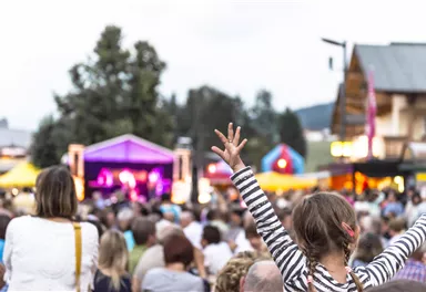 A lively outdoor concert with a crowd of people. A child stands up and excitedly raises their hands in the air.