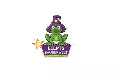 A cheerful, green frog with a wizard hat is sitting on a wizard hat. The text "ELLMI'S MAGIC WORLD" is clearly visible.