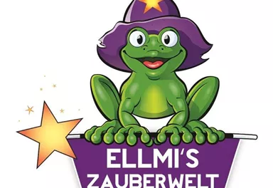 Ein fröhlicher grüner Frosch mit einem lila Zauberhut sitzt auf einem Banner. Das Banner trägt den Schriftzug "ELLMI'S ZAUBERWELT" und vermittelt ein Gefühl von Abenteuer und Magie.