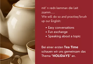 Ein einladendes Tea Time-Event mit einer Teekanne, Tassen und Keksen. Die Veranstaltung fördert Gespräche und den Austausch über das Thema "Ferien".
