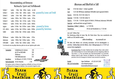Ein Informationsblatt über den Hexen Cross Duathlon. Es enthält Details zu Klassen, Distanzen und Anmeldemöglichkeiten für die Veranstaltung.