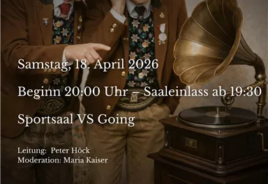 A poster for a spring concert by the Federal Music Band Going. It shows two musicians in traditional attire next to a gramophone with details about the date and time of the concert.