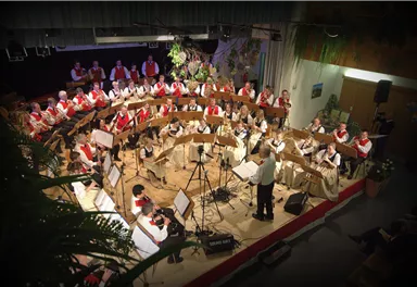 A large orchestra is playing on a stage. The musicians are wearing red vests and are arranged around a conductor.