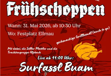 Ein Plakat für das Jubiläum "10 Jahre Frühschoppen". Es enthält Informationen zu Datum, Uhrzeit und Veranstaltungsort sowie das Programm mit einer Live-Band.