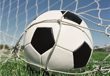 Ein Fußball liegt im Tornetz auf grünem Rasen. Der Himmel ist klar und blau.