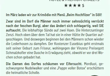 Ein einladendes Hotel mit dem Namen "Beim Hochfilzer" in Söll. Neben verschiedenen Veranstaltungen wird ein festliches Menü angeboten.