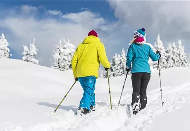 Zwei Personen wandern im Schnee und tragen bunte Winterkleidung. Die Umgebung ist von schneebedeckten Bäumen und einem klaren Himmel umgeben.