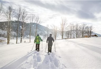 Two people with ski equipment are walking through a snowy landscape. The sun is shining behind the trees and the mountains.