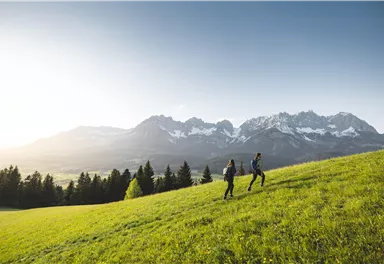 Two hikers walk across a green meadow with a view of majestic mountains. The sun is shining and the sky is clear.