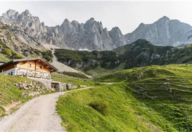 Eine malerische Berglandschaft mit hohen Gipfeln und sattem Grün. Ein schmaler Weg führt zu einem traditionellen Holzhaus.