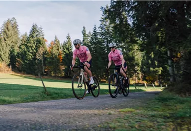 Zwei Radfahrer in pinken Trikots fahren auf einem Weg durch eine grüne Landschaft. Im Hintergrund sind Bäume und ein klarer Himmel zu sehen.