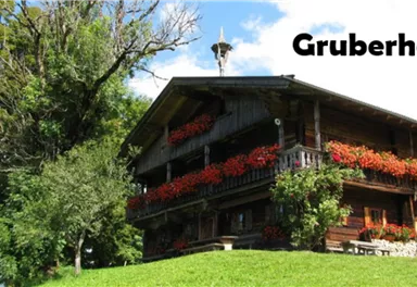A traditional wooden house with blooming window boxes and a garden. Surrounded by trees and a green meadow.