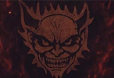 A threatening logo with a horrific face and sharp spikes. The background is dark with glowing red and orange elements.
