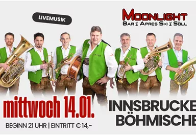 Eine Band mit Musikern in grüner Kleidung spielt Live-Musik. Das Event findet am 14. Januar in der Bar Moonlight statt.