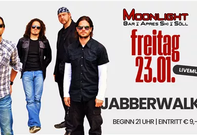 A four-member music ensemble is standing on a stage. The image promotes a live concert on Friday, January 23, at the Moonlight Bar in Söll.