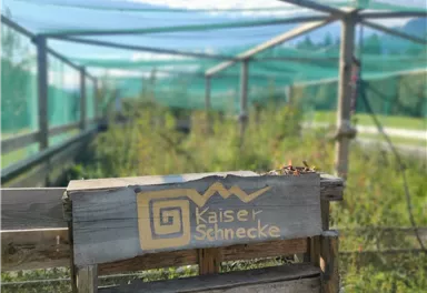 Ein Holzbank mit dem Schild "Kaiser Schnecke" steht in einem begrünten Bereich. Im Hintergrund sind Netze zu sehen, die wahrscheinlich Pflanzen schützen.