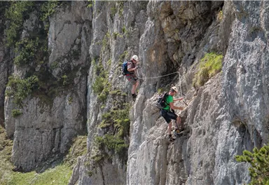 Two climbers scaling a steep rock face. The surroundings are green and mountainous, with plenty of natural light.