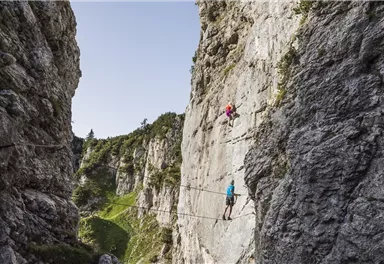 Zwei Kletterer an einer steilen Felswand in einer beeindruckenden Schlucht. Die Umgebung ist von grünen Bergen und klarem Himmel geprägt.