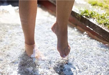 Füße stehen im flachen Wasser. Die Sonne funkelt auf der Oberfläche und die Umgebung ist grün.