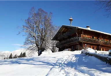Ein malerisches Haus im Schnee, umgeben von einer ruhigen Winterlandschaft. Der klare blaue Himmel ergänzt die idyllische Szene.