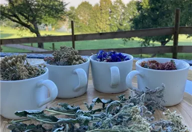 A beautiful setting with mountains in the background and fog in the valley. On a table, dried herbs are placed in cups and on a wooden tray.