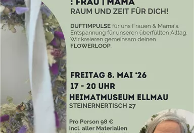 Ein Werbeplakat für einen Workshop zum Thema Aromatherapie. Es richtet sich an Frauen und Mütter und bietet kreative Entspannung sowie Erlebnisse beim gemeinsamen Arbeiten mit Aromen.