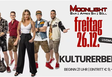 A group of five musicians is standing on stage. The event takes place on Friday, December 26th, at the Moonlight Bar in Söll.