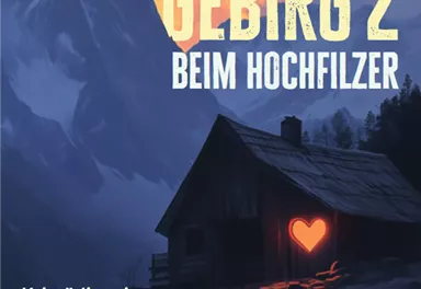 Ein mysteriöses Veranstaltungsplakat für eine Krimiparty. Es zeigt eine Hütte in den Bergen mit einem leuchtenden Herzen und Informationen zu einem 3-Gänge-Menü.