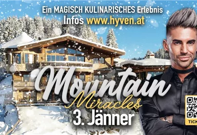 Ein stilvolles Chalet in einer verschneiten Berglandschaft. Anzeige für ein kulinarisches Erlebnis am 3. Januar.
