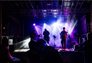 Three musical figures sit side by side. One plays the accordion, one the violin, and one the flute.