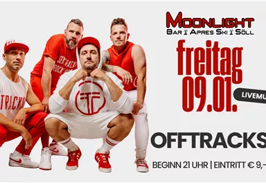 Eine Band namens Offtracks posiert in sportlicher Kleidung. Das Bild bewirbt ein Live-Musik-Event in der Bar Moonlight am Freitag, den 09.01.