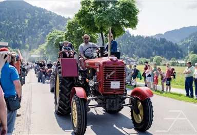 A tractor rally with many participants on tractors in a rural setting. People are standing along the roadside and watching the event.