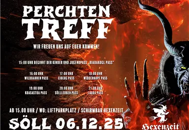 A poster for the Perchten Meeting on December 6, 2023, in Söll. It depicts a demonic creature against a fiery background with information on events and prices.