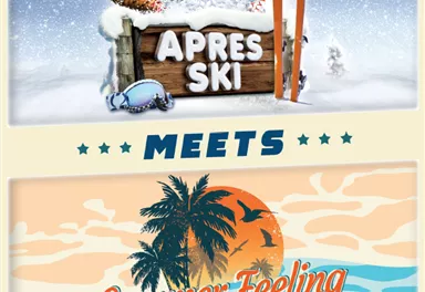 An event promotion for "Après Ski" meets "Summer Feeling" on April 12, 2025, at the Sportplatz Ellmau. The graphic shows a blend of winter and summer atmosphere with skis and palm trees.
