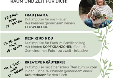 Ein Flyer für Workshops im Heimatmuseum Ellmau zum Thema „Kreativ Aroma“. Es werden verschiedene Kurse angeboten, die sich mit ätherischen Ölen und deren Anwendung beschäftigen.