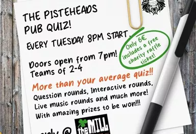 A poster for a pub quiz that takes place every Tuesday at 8 PM at The Mill Irish Pub. It includes information about teams, prizes, and interactive rounds.