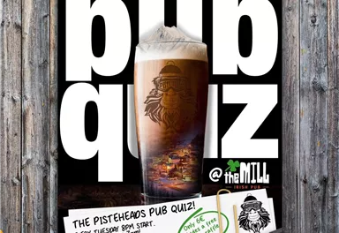 An inviting poster for a pub quiz at the Mill Irish Pub. It features a large beer glass and information about the date and participation requirements.